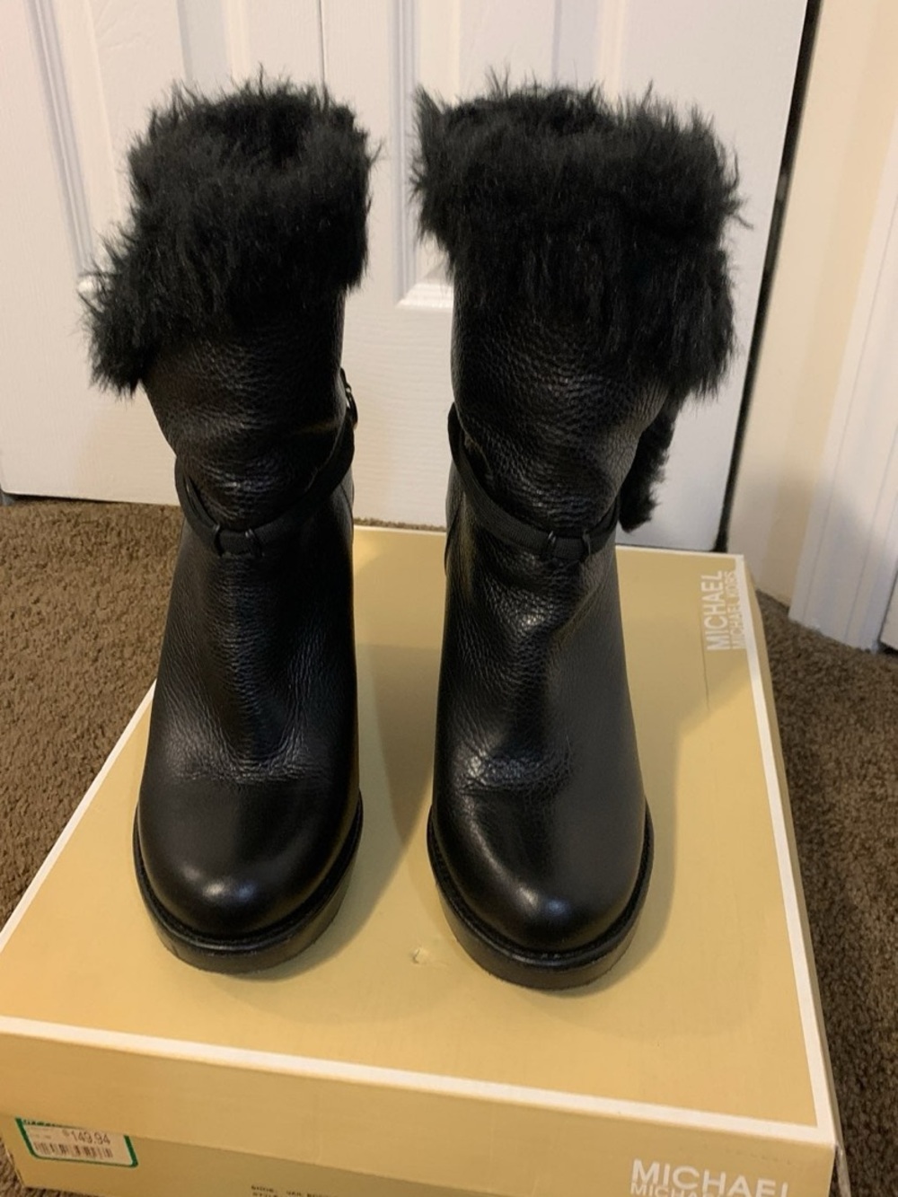 Michael Kors Black Leather Fur Cuff Ankle Boots